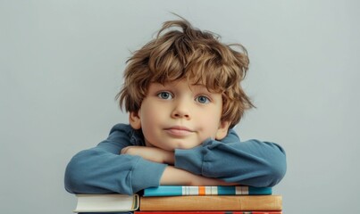 Boy leaning on stack of colorful books with playful expression.
