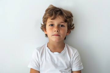 Boy with Freckles and Bright Eyes Wearing a White T-shirt Leaning Against Wall
