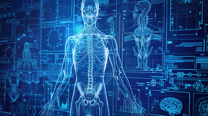 A digital blue background with an overlay of human anatomy and medical diagrams