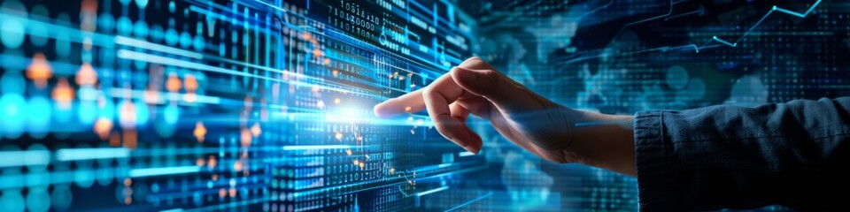 Obraz premium Energy technology: businessman holding global data network connection. Global business. Renewable energy, efficiency, innovation, advanced technology interface in cyberspace. View reports, technology 