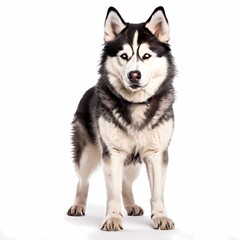 Fototapeta premium Sakhalin husky dog breed standing against white background, AI Generated