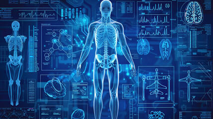 A digital blue background with an overlay of human anatomy and medical diagrams