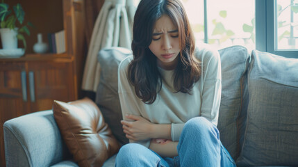 Obraz premium Young woman with stomach pain at home, red aura in touch