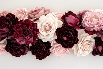 A luxurious border of velvet roses in shades of burgundy and blush pink