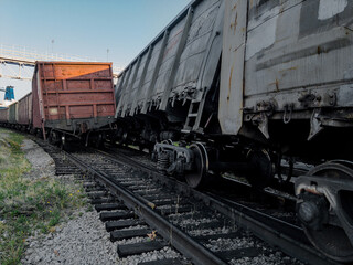 Traffic accident on the railway. As a result of a train accident, the train derailed. An accident on the railway. A railway carriage derailed during daylight hours. The wreck of railway wagons.