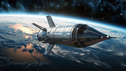 Fototapeta premium Spaceship orbiting planet in futuristic galaxy exploration, AI Generative.