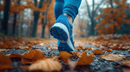 A person wearing blue shoes is seen from the legs down, running through a forest with leaves on the ground. 
