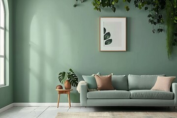 Creative living room interior composition with modern sofa, home decorations and personal accessories. Eucalyptus wall. Template. Copy space.