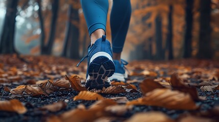 A person wearing blue shoes is seen from the legs down, running through a forest with leaves on the ground. The image is focused on the shoes 
