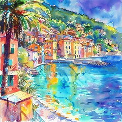Watercolor French Riviera, turquoise sea, colorful buildings, bright sunlight, close-up, vibrant and lively
