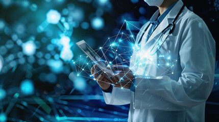 Doctors in the context of medical network connectivity technology, the concept of a digital future and hospital data systems hold small tablets