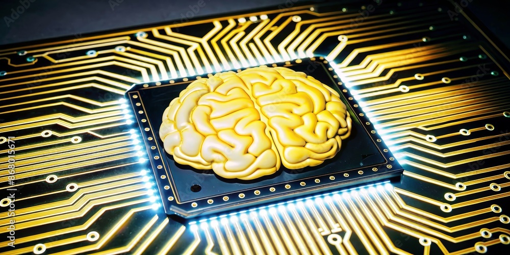 Aufkleber A computer chip with a brain on it