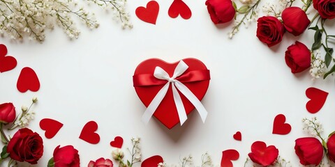 red heartshaped gift box with ribbon and flowers on th background