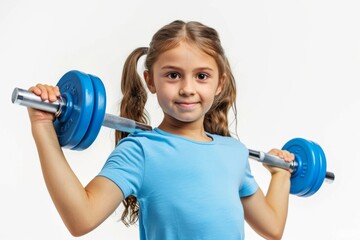 Girl lifting weights with a determined expression and pigtails