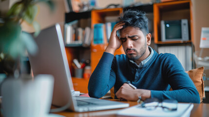 A man is sitting at his desk, holding the side of his head with one hand looking sad or worried about his financial situation