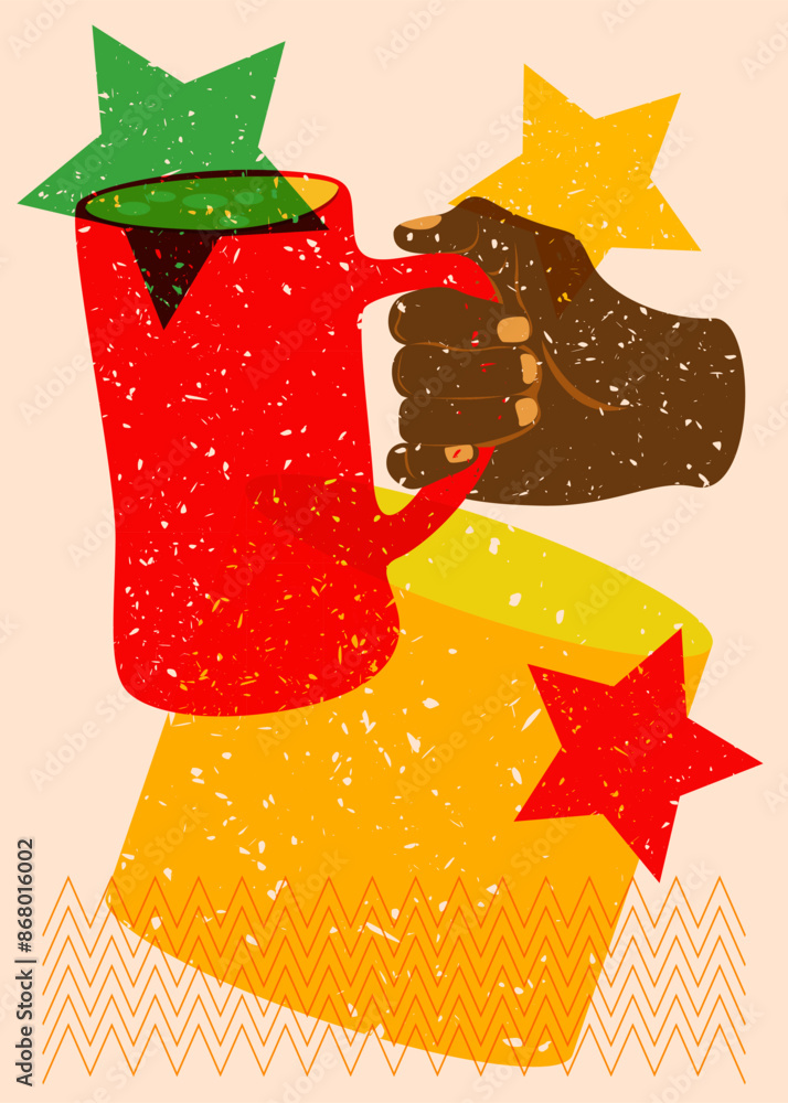 Poster risograph beer in hand with geometric shapes. objects in trendy riso graph print texture style desig