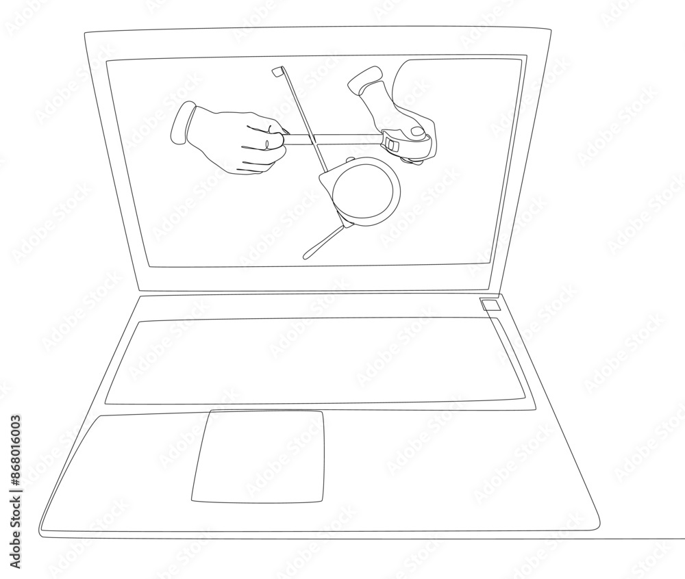 Poster one continuous line of laptop with ruler tape. thin line illustration vector concept. contour drawin