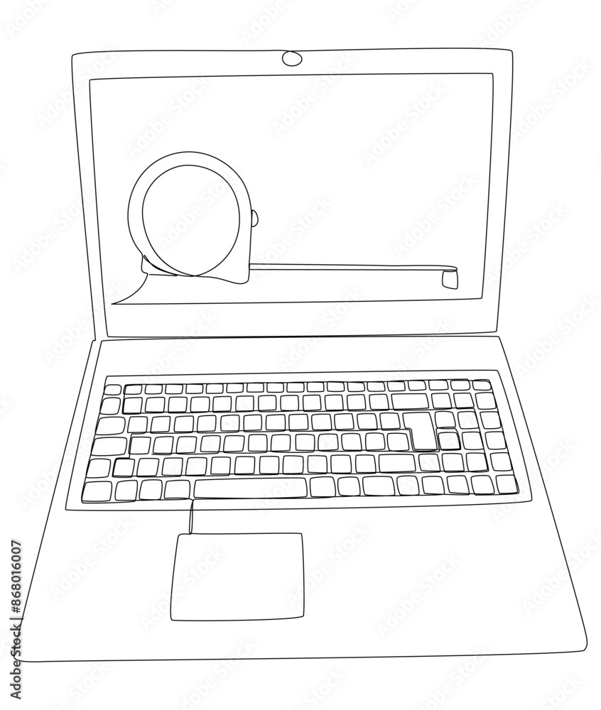 Poster one continuous line of laptop with ruler tape. thin line illustration vector concept. contour drawin
