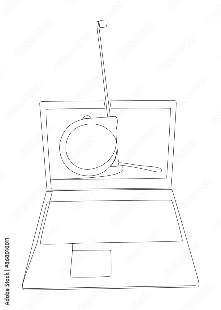Poster one continuous line of laptop with ruler tape. thin line illustration vector concept. contour drawin