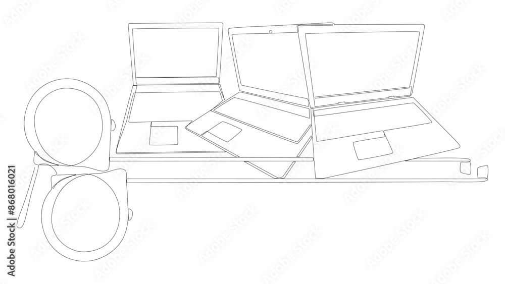 Poster one continuous line of laptop with ruler tape. thin line illustration vector concept. contour drawin