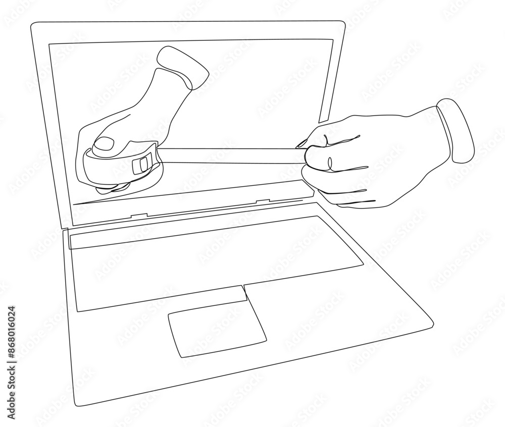 Aufkleber one continuous line of laptop with ruler tape. thin line illustration vector concept. contour drawin