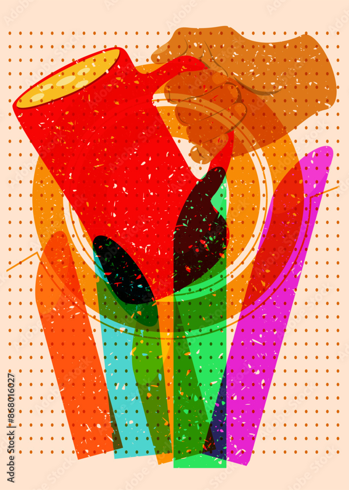 Poster risograph beer in hand with geometric shapes. objects in trendy riso graph print texture style desig