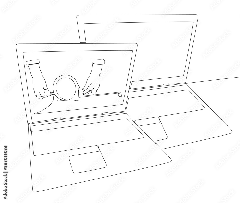 Poster one continuous line of laptop with ruler tape. thin line illustration vector concept. contour drawin