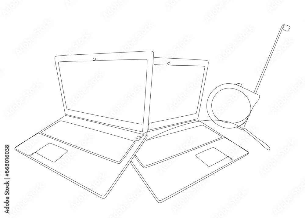 Poster one continuous line of laptop with ruler tape. thin line illustration vector concept. contour drawin