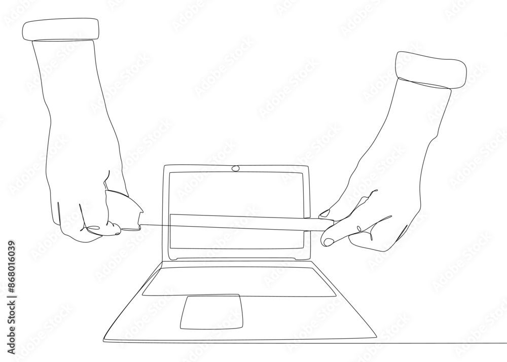 Poster one continuous line of laptop with ruler tape. thin line illustration vector concept. contour drawin
