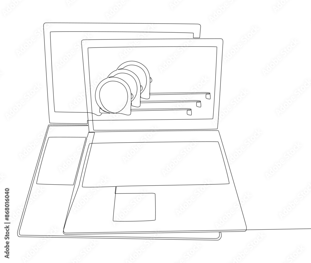 Poster one continuous line of laptop with ruler tape. thin line illustration vector concept. contour drawin