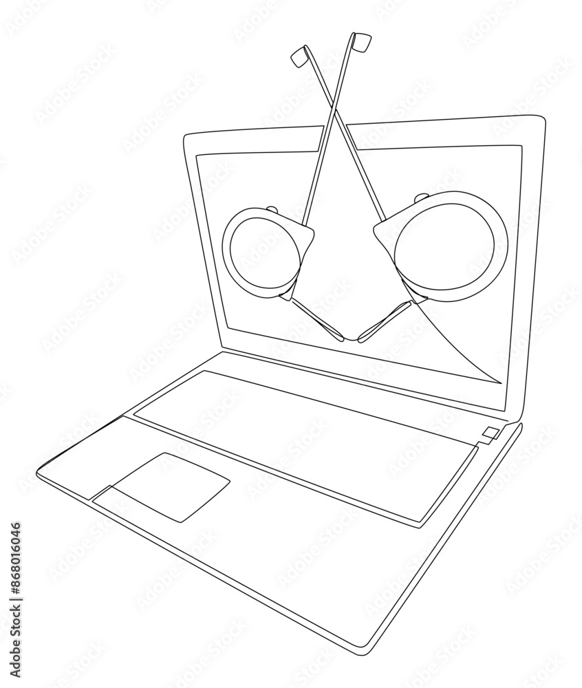 Poster one continuous line of laptop with ruler tape. thin line illustration vector concept. contour drawin