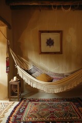 Blank Canvas Adds Artistic Touch to Cozy Bedroom, Colorful Bedroom, Patterned Rug, Hammock
