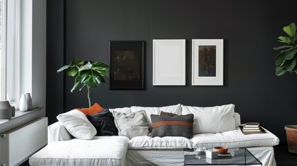 Overlapping White Frames on Charcoal Wall, Sophisticated Display, Overlapping White Frames, Charcoal Wall