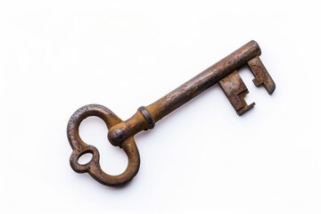 Old rusty key on a white background, symbolizing history and mystery