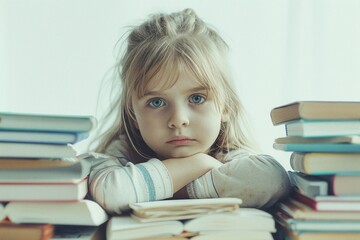 Sad Girl with Blue Eyes Resting on Books Looking Thoughtful Indoors
