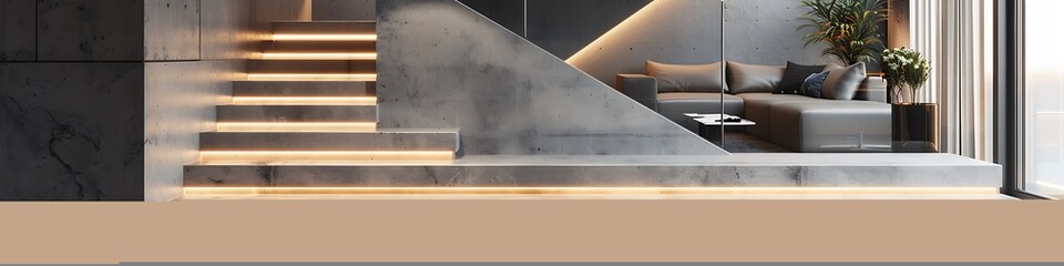 Sleek concrete stairs with integrated lighting, creating a modern, minimalist look in a stylish living space.