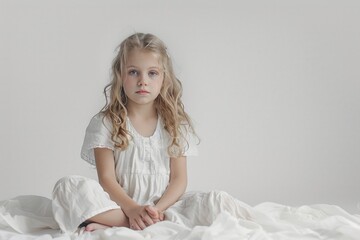 Naklejka premium Young girl in white dress sitting on bed with white background