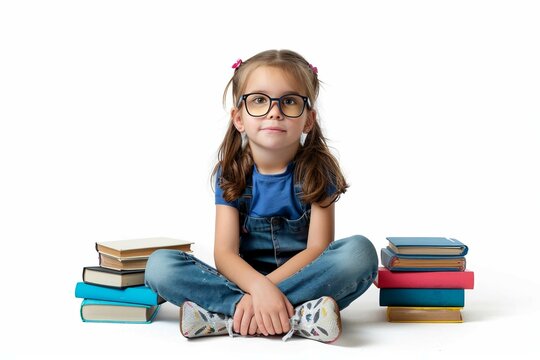 Young girl with books and glasses sitting cross-legged on white background