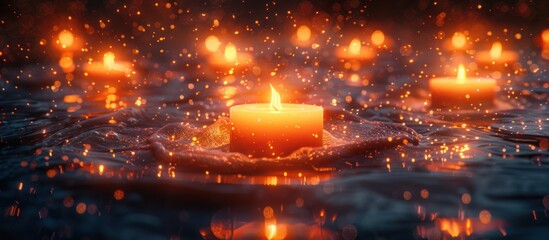 Fototapeta premium Abstract candle background. Many candle flames glowing on dark background
