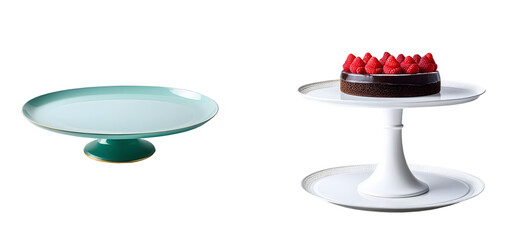 Food or empty sweets cake platter stands, perfect for kitchen or dining table settings and decorations, isolated on a transparent background. Ideal for food photography and home decor.