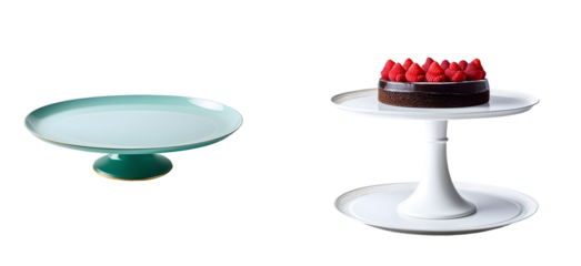 Food or empty sweets cake platter stands, perfect for kitchen or dining table settings and decorations, isolated on a transparent background. Ideal for food photography and home decor.