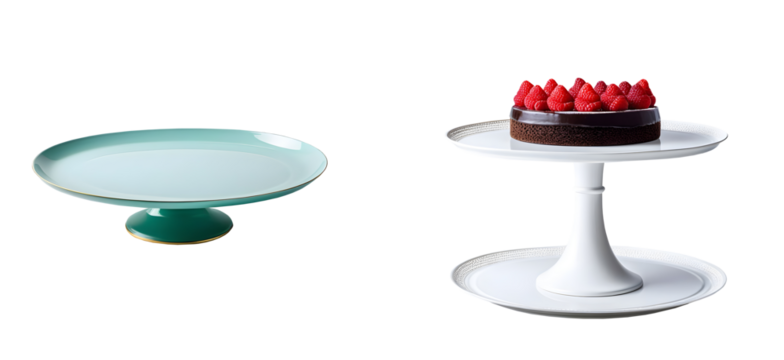 Food or empty sweets cake platter stands, perfect for kitchen or dining table settings and decorations, isolated on a transparent background. Ideal for food photography and home decor.