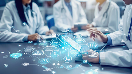 Close-up of doctors discussing digital health data on a table