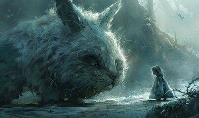 Obraz premium Little girl standing before a giant fluffy creature in forest.