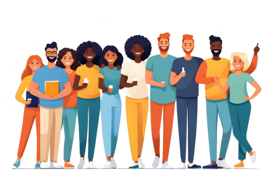 Inclusive group of motivated people in a vector-style illustration, isolated on a transparent background. Ideal for diversity, teamwork, and motivational projects, enhancing presentations and designs.