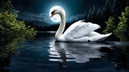 Naklejka premium a white swan floating on a lake during a full moon at night