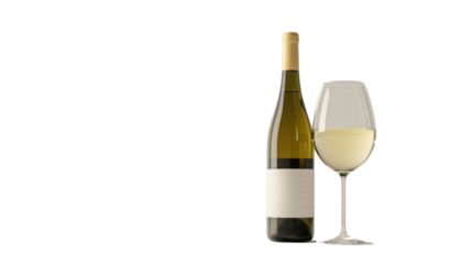 White wine bottle and glass on transparent background