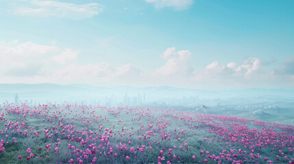 a delicate blue meadow with pink flowers on it, clean and flat, with a gentle slope in an orderly manner, a clean sky with a little cloud, and hazy city buildings in the distance