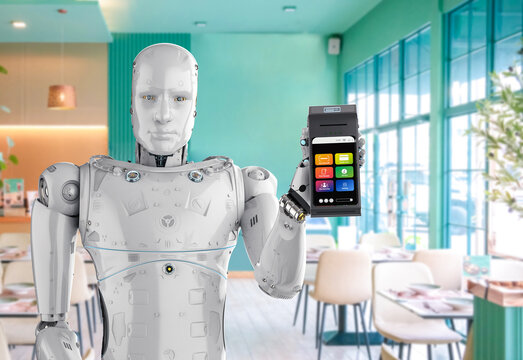 Cashless payment with 3d rendering robot hand holding credit card reader