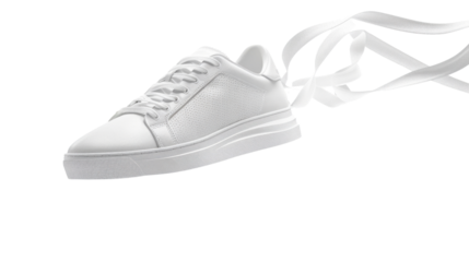 White sneaker with flying laces on transparent background